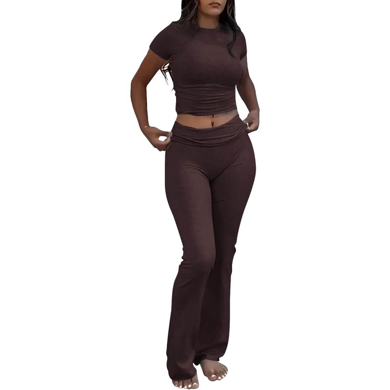 Casual Workout Women's Two-Piece Crew Neck T-shirt Low Waist Bell-Bottom Pants Sportswear Suit