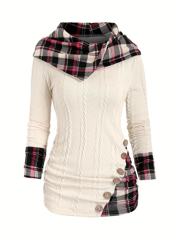 Women's Plaid Print 2 in 1 Ruched Fake Buttons Hoodie, Casual Textured Long Sleeve Hooded Sweatshirt for Fall & Winter, Women's Fall Clothes  for Daily Wear