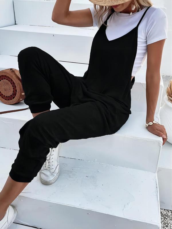 Women's Plain Pocket V Neck Overalls Jumpsuit without Tee, Mufti Clothes, Sleeveless Spaghetti Strap Cami Overalls Jumpsuit for Women, Back To School Outfits, Ladies Clothes, Summer One-piece Outfits, Black Girl Outfits Womenswear Comfort Basic Homewear