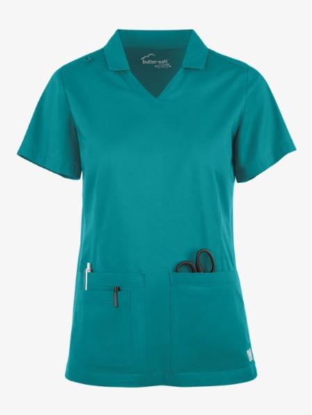 Butter-Soft STRETCH Women's 3-Pocket Short Sleeve Collar and Knit Panels Scrub Top