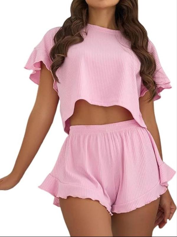 Two-piece Set Women's Solid Color Ruffle Hem Crop Top & Shorts Pyjama Set, Casual Comfy Drop Shoulder Top & Shorts Pj Set, Ladies Summer Sleepwear