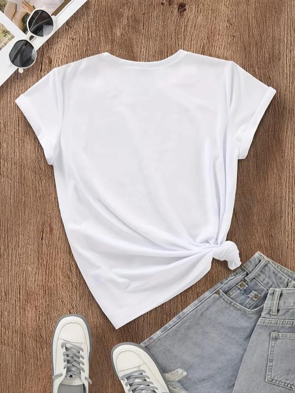 Women's Letter & Cross Print Round Neck Tee, Casual Short Sleeve Crew Neck T-Shirt for Summer, Fashion Women's Top for Daily Wear