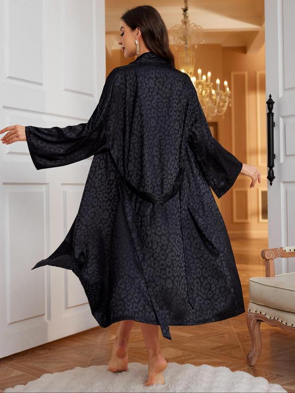 Women's Leopard Jacquard Belted Wrap Satin Lounge Robe, Long Sleeve V Neck Dressing Gown, Women's Sleepwear for Spring & Fall