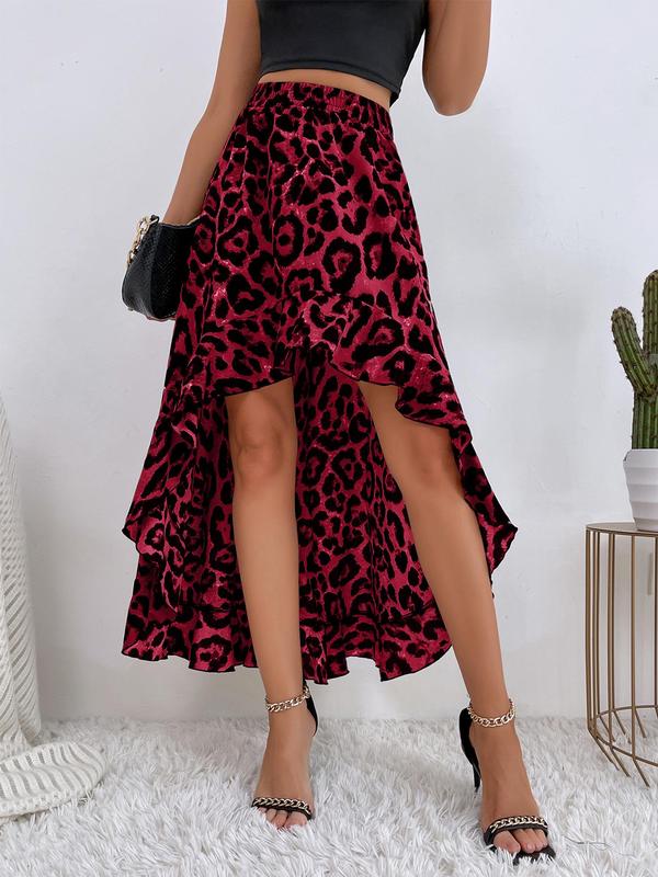 Women's Leopard Print High Low Ruffle Hem Skirt, Casual Elastic Waist A Line Skirt, Summer Clothes Women, Women's Bottoms