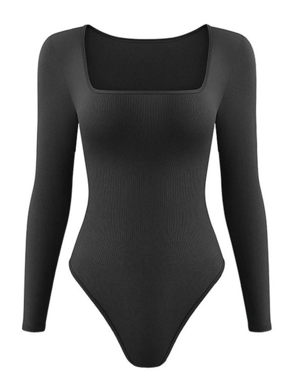 Solid Square Neck Long Sleeve Shapewear Bodysuit, Casual Comfy Tummy Control Shaper for Daily Wear, Ladies Shapewear for All Seasons Womenswear Tops Comfort Longsleeves