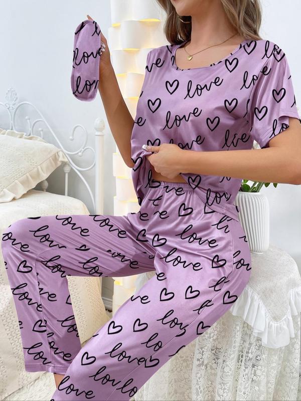 Two-Piece Set Women's Heart Print Tee & Pj Pants Pajama Set, Summer Clothes Women, Summer Wear, Crew Neck Shortsleeve T-shirt & Trousers Pj Set, Comfort Casual Comfy Pajamas Set, Lady Sleepwear & Loungewear Set for Summer Homewear, Black Girl Wear