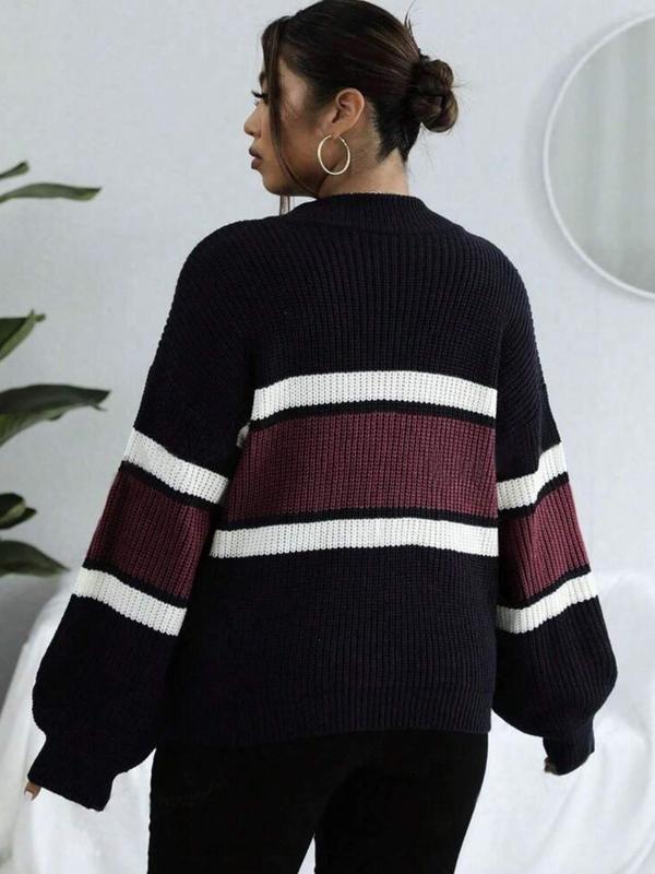 Women's Stylish Colorblock Striped Print Half Zip Up Drop Shoulder Sweater, Casual Longsleeves Stand Collar Jumper for Fall & Winter, Sweaters for Women, Women's Knitwear Clothing, Comfort Womenswear for Lady