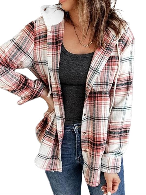 Plus Size Plaid Print Button Front Drawstring Hooded Blouse, Casual Long Sleeve Pocket Top for Spring & Fall, Going Out Tops, Women's Clothes for Daily Wear