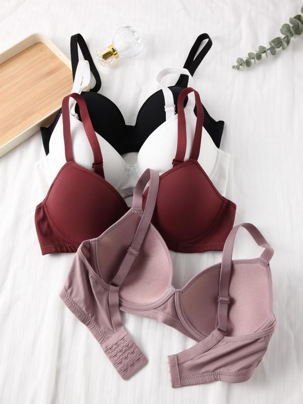 Women's 4pcs Plain Adjustable Strap Bra, Soft Comfortable Breathable  Plunge Push Up Lingerie Top for Daily Wear, Bras for Women,    Lingerie for All Seasons, Summer Wear 2024 Spaghetti Strap