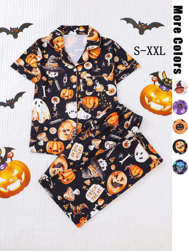 Christmas Collection Two-Piece Set Women's Pajama Set, Fall Clothes, Halloween Ghost & Pumpkin Print Button Front Shirt & Elastic Waist Pants PJ Set, Matching Halloween Pajamas, Christmas Pajamas, Ladies Sleepwear for Fall, Birthday Gifts