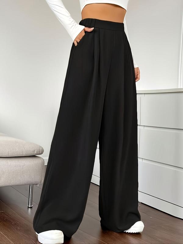 Women's Solid Pocket Elastic Waist Wide Leg Pants, Casual Comfy Trousers for Daily Wear, Ladies Bottoms for All Seasons