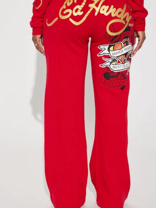 Broken Hearts Ed Hardy Wide Leg Pant - Red