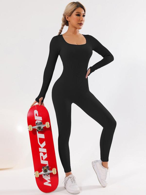 Women's Solid Square Neck Long Sleeve Jumpsuit, Lady High Stretch Seamless Bodycon Shapewear Clothes for Tummy Control Butt Lifting, Summer Sports Activities