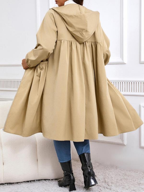 Plus Size Solid Drawstring Zip Up Hooded Coat, Casual Long Sleeve Pocket Outerwear for Fall & Winter, Women's Clothes for Daily Wear