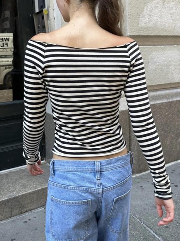 Women's Striped Print Off Shoulder Tee, Casual Long Sleeve T-shirt for Fall, Women's Clothing for Daily Wear