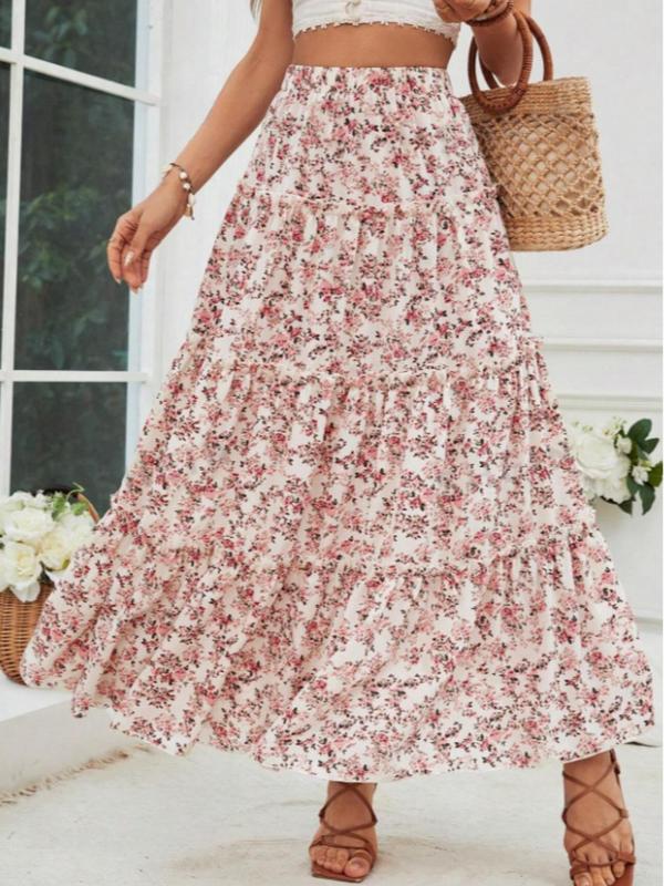 Women's Floral Print Frill Trim Ruffle Hem A Line Skirt, Boho Fashion Elastic Waist Long Skirt for Daily Holiday Vacation Wear, Ladies Bottoms for All Seasons