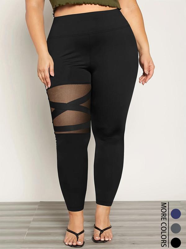  Contrast Mesh Cut Out High Waist Leggings, Casual Comfy Breathable Skinny Pants for Daily Wear, Women's Bottoms for Fall & Winter