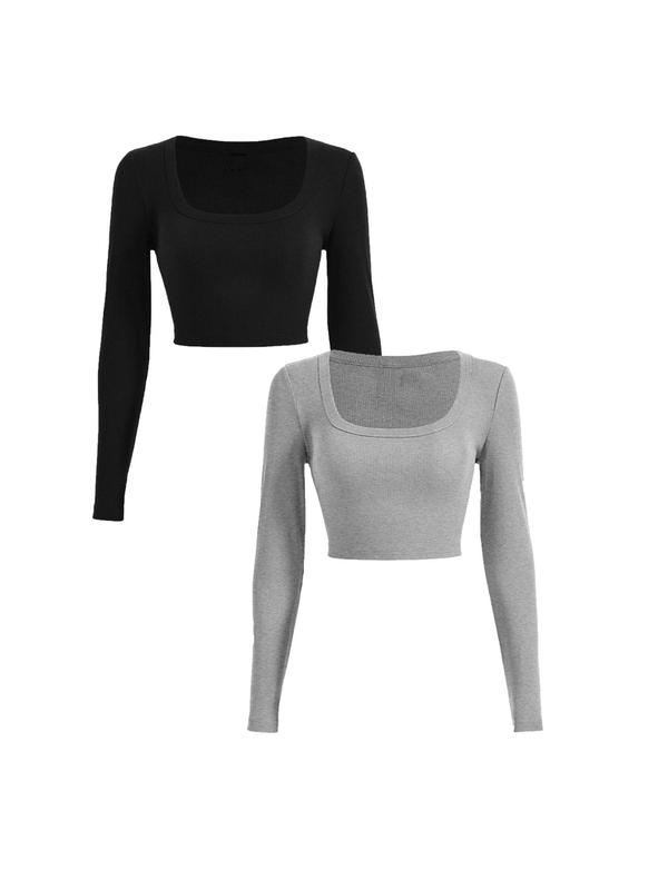 Women's Square Neck Long Sleeve Crop Tee, Casual Plain Ribbed T-shirt For Spring & Fall, Women's Clothes For Daily Wear