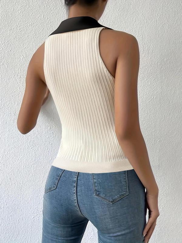 Women's Colorblock V Neck Collared Sweater Vest, Summer Clothes Women, Casual Sleeveless Knitwear for Summer, Crochet Tops, Knit Tank Top, Back To School Outfits, Going Out Tops, Women's Knit Clothing for Daily Wear Downtown Girl Clothes