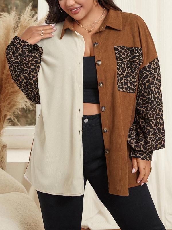 CURVZY Christmas Deals, Plus Size Colorblock Patchwork Print Button Front Corduroy Jacket, Casual Drop Shoulder Long Sleeve Pocket Outerwear for Fall & Winter, Women's Clothes for Daily Wear, Christmas 2024 Trend, Fall & Winter Clothes