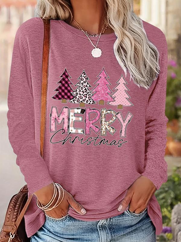 Women's Christmas Tree & Letter Print Drop Shoulder Tee, Casual Long Sleeve Round Neck Pullover for Daily Wear, Ladies Fall & Winter Clothes