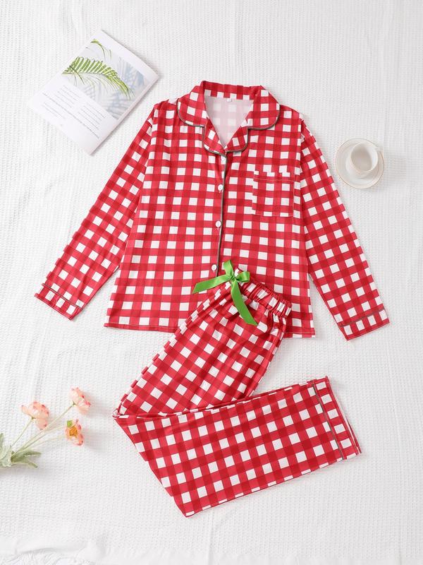 Christmas Two-Piece Set Women's Plaid Print Lapel Neck Pajama, Long Sleeve Button Up Top & Elastic Waist Pants PJ Set, Women's Sleepwear for Spring & Fall