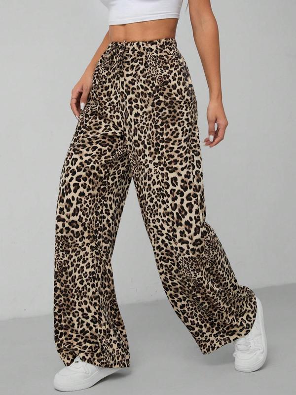 Women's Leopard Print Tie Front Pocket Wide Leg Pants, Casual Comfy Straight Leg Trousers for Daily Wear, Ladies Bottoms for All Seasons