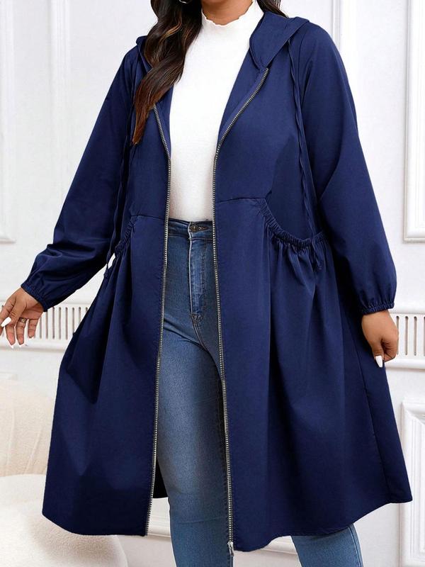 Plus Size Solid Drawstring Zip Up Hooded Coat, Casual Long Sleeve Pocket Outerwear for Fall & Winter, Women's Clothes for Daily Wear