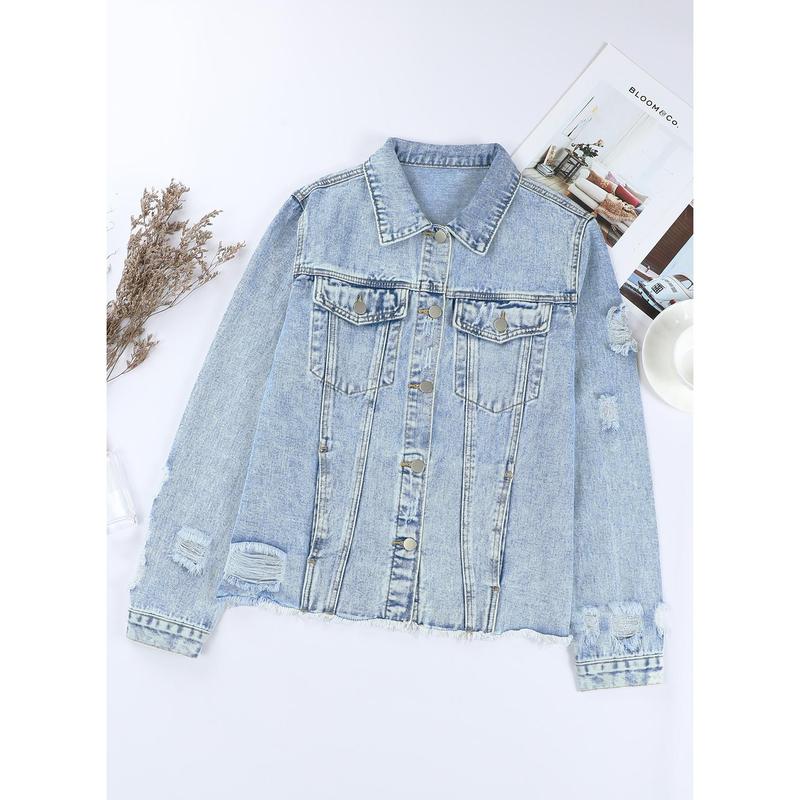 EVALESS Womens Boyfriend Washed Crop Denim Jacket Long Sleeve Button Distressed Ripped Slim Non Stretch Jean Coat-Short Style