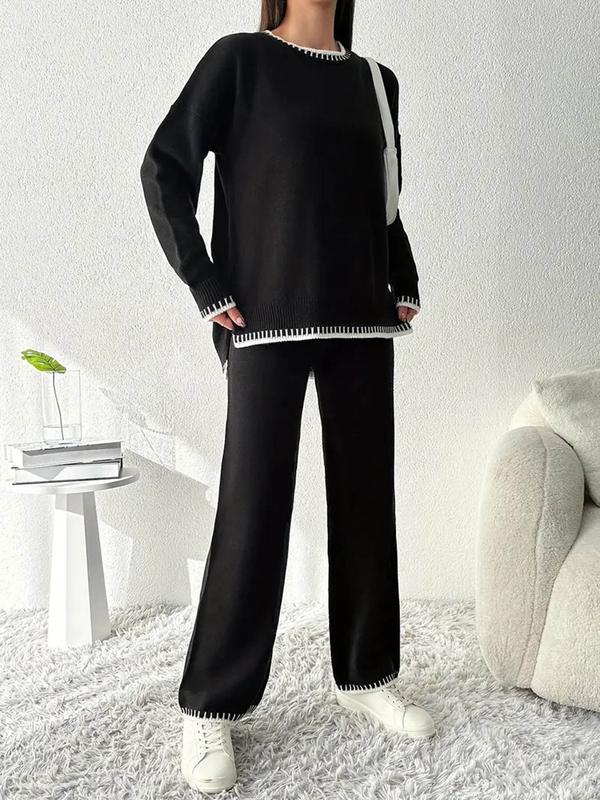 Women's Colorblock Split Hem Drop Shoulder Sweater Pullover & Straight Leg Pants Two-piece Set, Casual Fashion Cozy Knitwear Set for Daily Outdoor Wear, Women Knitwear for Fall & Winter