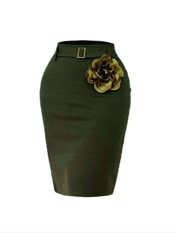 Women's Appliques Belted Split Back Bodycon Skirt, Elegant Solid Color Knee Length Pencil Skirt for Party Holiday Wedding Guest, Ladies Bottoms for All Seasons