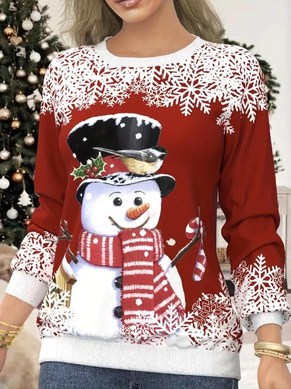 Women's Cartoon Snowman & Snowflakes Print Round Neck Sweatshirt, Cute Long Sleeve Crew Neck Pullover for Fall & Winter, Women's Clothes for Daily Wear