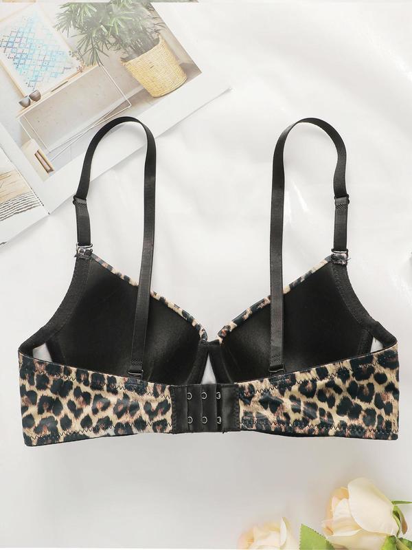 Women's Leopard Print Underwire Bra, Adjustable Strap Push Up Bra, Soft Comfy Lingerie Top for All Seasons