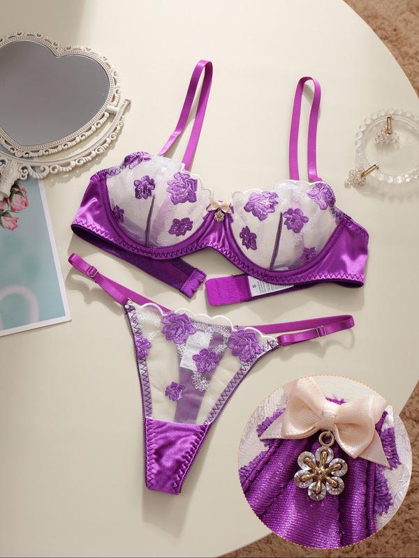 Women's Floral Embroidery Underwire Bra & Thong Underwear Two-piece Set, Adjustable Strap Push Up Bra & Thong Set, Lingerie Set for Women