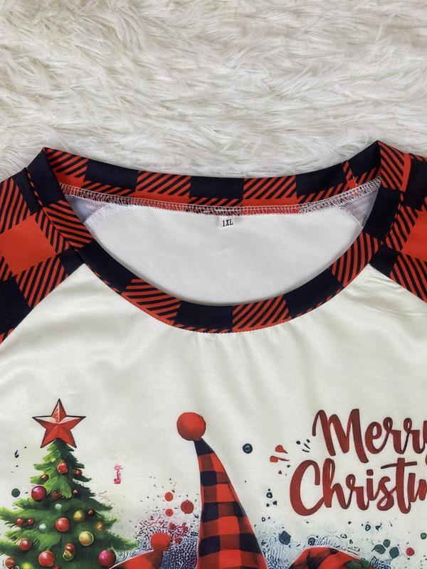  Christmas Tree & Santa Print Round Neck Tee, Casual Long Sleeve Crew Neck T-shirt for Spring & Fall, Women's Clothing for Daily Wear