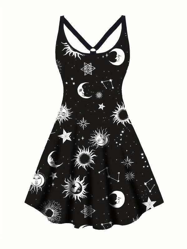 Women's Moon & Star Print Cut Out Backless Scoop Neck Tank Dress, Elegant Ring Linked A Line Short Dress for Vacation Holiday Party, Summer Outfits, Ladies Summer Dress, Womenswear