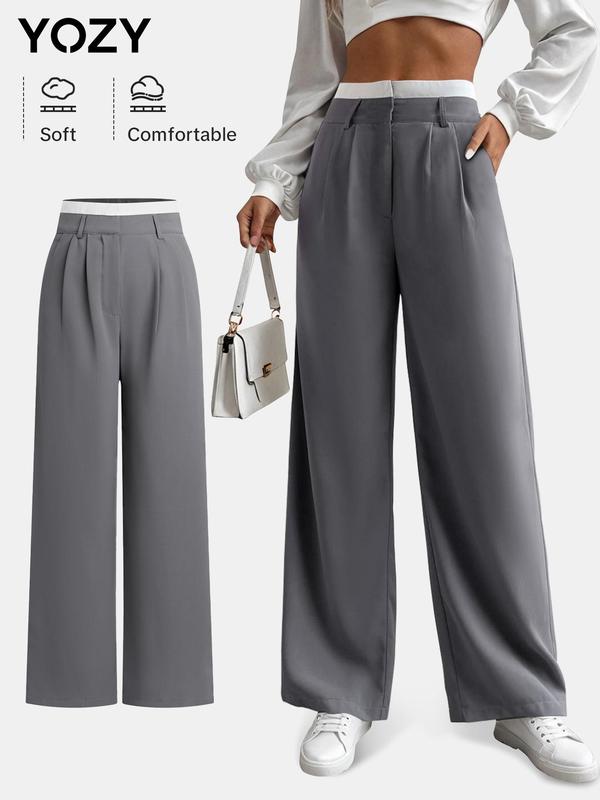 YOZY [size 4-14] Colorblock Plicated Straight Leg Pants, Casual Pocket Trousers, 2024 Women's All Seasons Outfits for Work, Office, Business, Daily Outdoor Wear, [S-XXL]