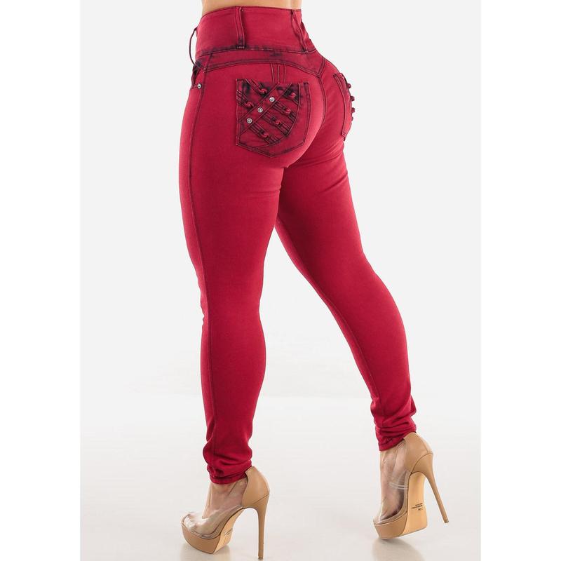 Butt Lift High Waist Red Acid Wash Skinny Jeans