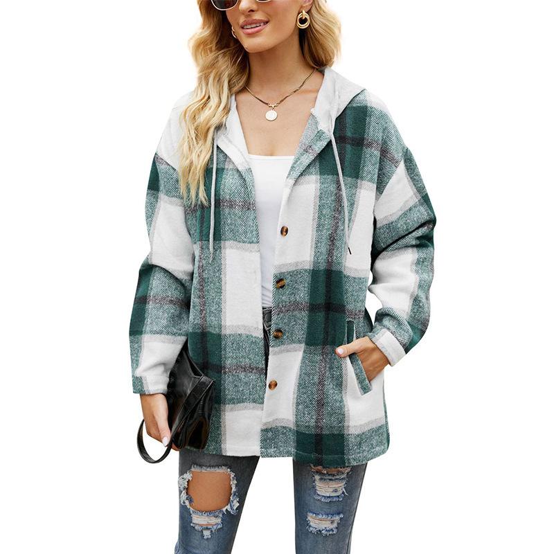 2024 Women's Autumn and Winter New Women's Plaid Coat Hooded Casual Loose Shirt