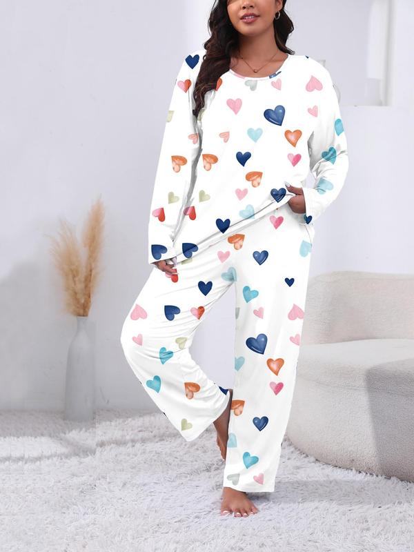 Two-Piece Set Plus Size Heart Print Pyjama Lounge Set, Casual Long Sleeve Tee & Pants, Women's Plus Sleepwear & Homewear for Spring & Fall, Fall Wear, Fallfreshness