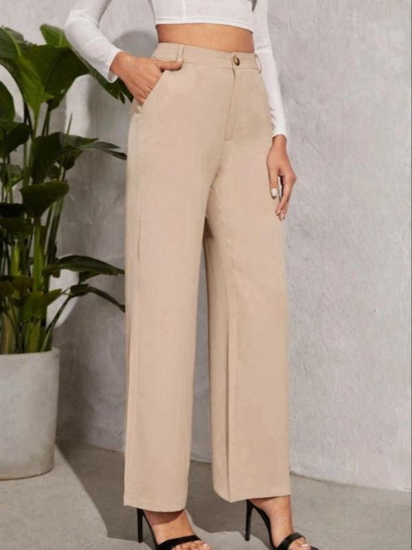 Women's Solid Button Fly Pocket Straight Leg Pants, Casual Comfy High Waist Trousers for Work Office Business, Ladies Bottoms for All Seasons