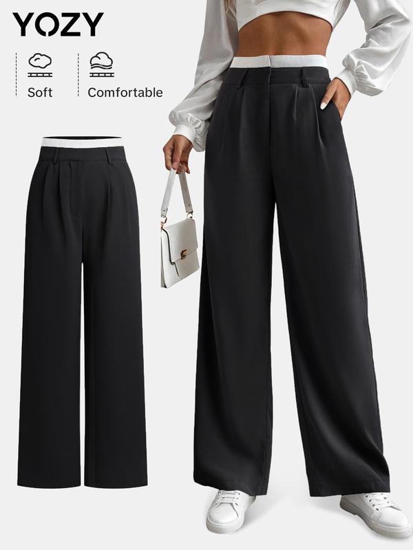 YOZY [size 4-14] Colorblock Plicated Straight Leg Pants, Casual Pocket Trousers, 2024 Women's All Seasons Outfits for Work, Office, Business, Daily Outdoor Wear, [S-XXL]