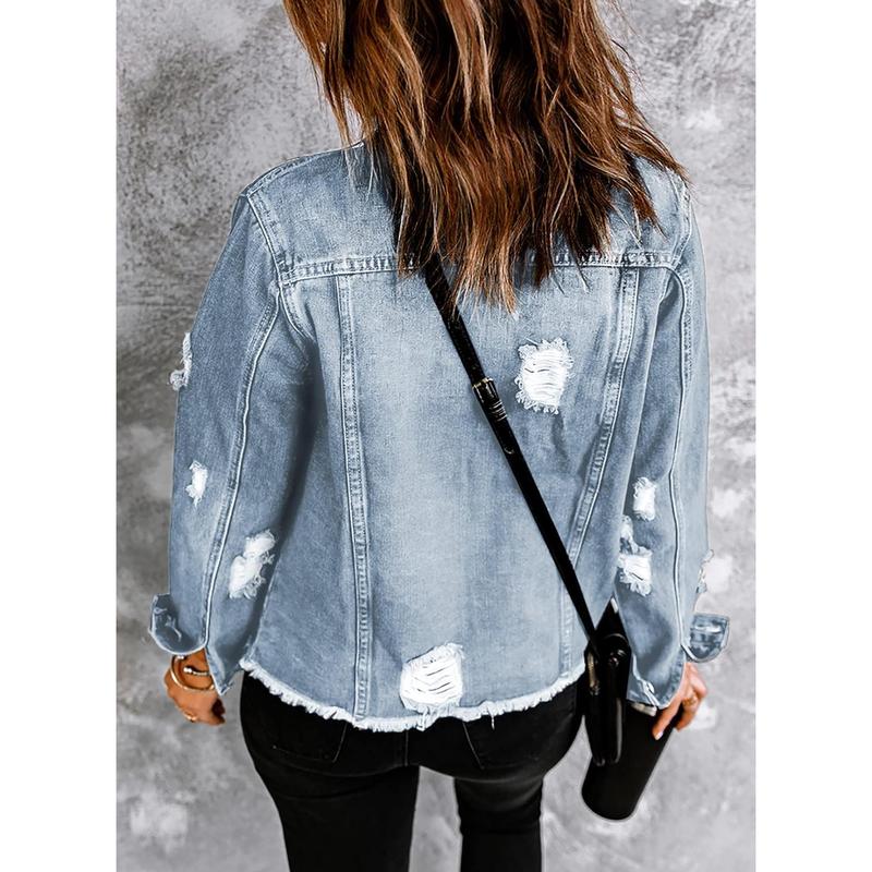 EVALESS Womens Boyfriend Washed Crop Denim Jacket Long Sleeve Button Distressed Ripped Slim Non Stretch Jean Coat-Short Style