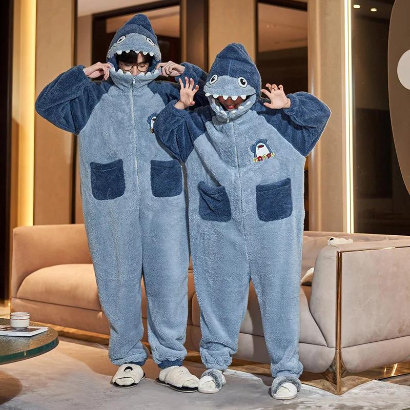 Winter Warm Thicken Flannel Pajamas Women Mens Jumpsuits Adult Onesie Pajamas for Couples Velvet Plus Size Homewear 3XL