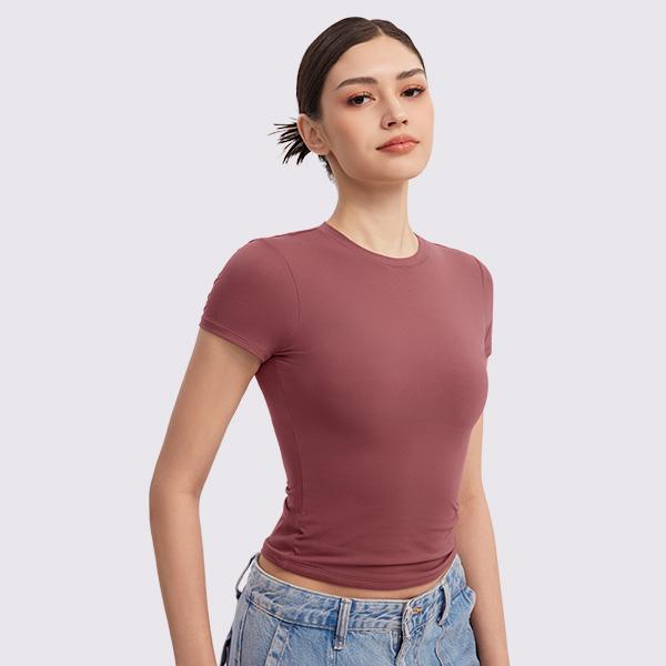 PUMIEY  Crew Neck T Shirts Women's Short Sleeve Sexy Basic Top Double Layer Slim-Fitting Soft Fabric Summer Casual Lady Streetwear Womenswear Comfortable Minimalist Crewneck Shortsleeve Round Neck Piece Underwear Tshirt