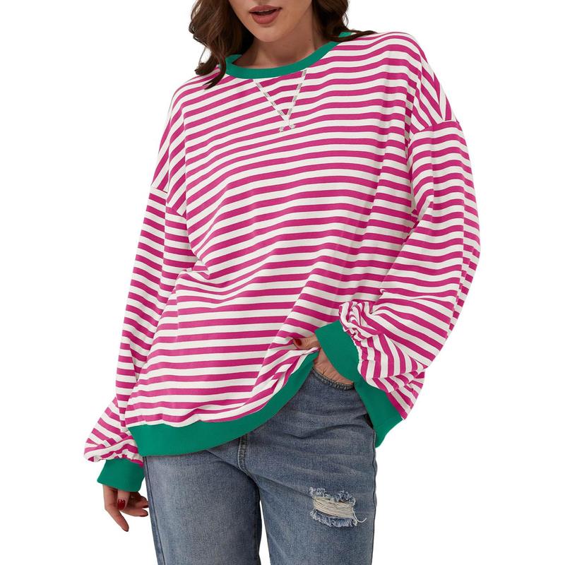 Women Striped Color Block Long Sleeve Crew Neck Sweatshirt Casual Loose Pullover Top