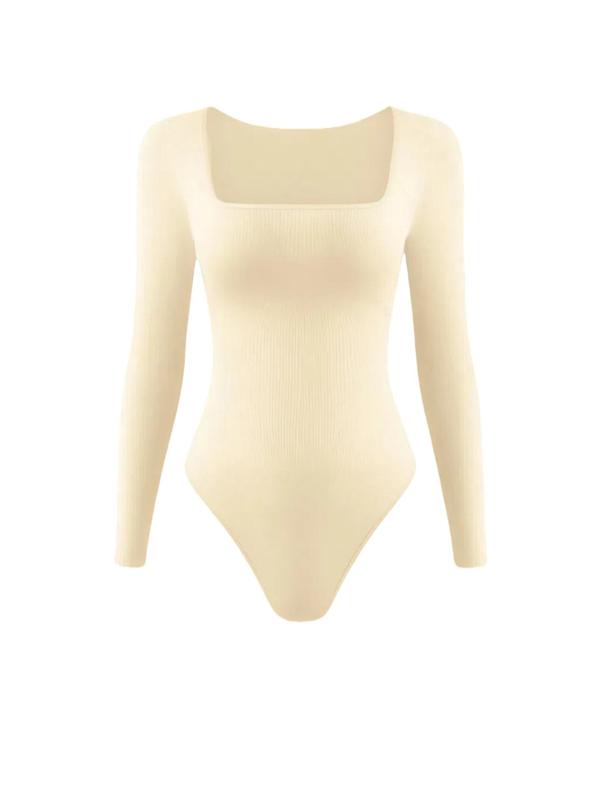 Solid Square Neck Long Sleeve Shapewear Bodysuit, Casual Comfy Tummy Control Shaper for Daily Wear, Ladies Shapewear for All Seasons Womenswear Tops Comfort Longsleeves