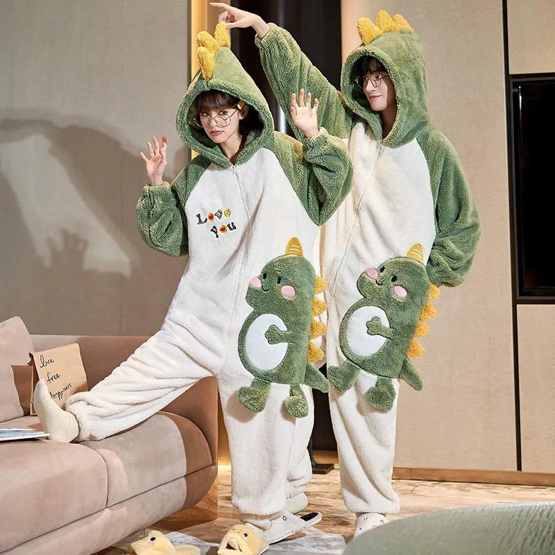 Winter Warm Thicken Flannel Pajamas Women Mens Jumpsuits Adult Onesie Pajamas for Couples Velvet Plus Size Homewear 3XL