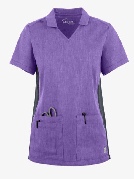 Butter-Soft STRETCH Women's 3-Pocket Short Sleeve Collar and Knit Panels Scrub Top