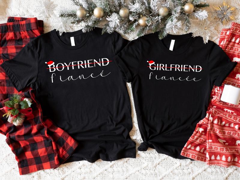 Couple Christmas Shirts, Boyfriend And Girlfriend Matching T-shirts, Fiance And Fiancee Tees, Newly Engaged Couple Christmas Matching Shirts